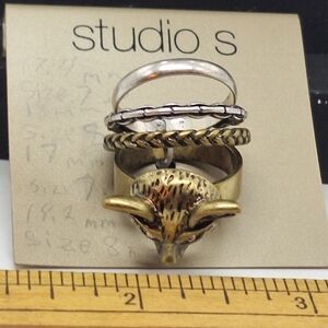 Studio S Goldtone Fox Face and Silver Tone Ring Set 7.5, 8, 8.5